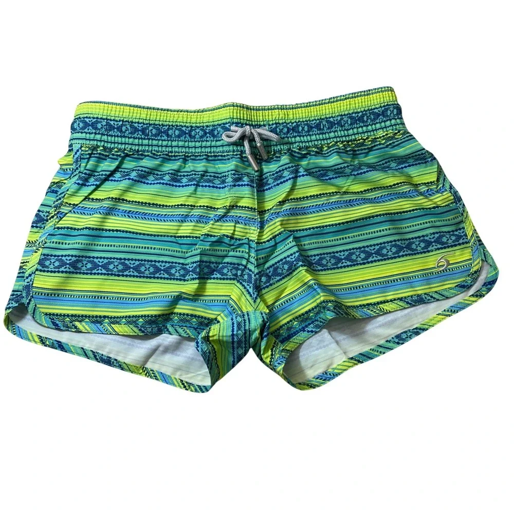 Surfcuz Women Board Shorts Size 32 Green Blue Geometric Stripe Swim Trunks NWT